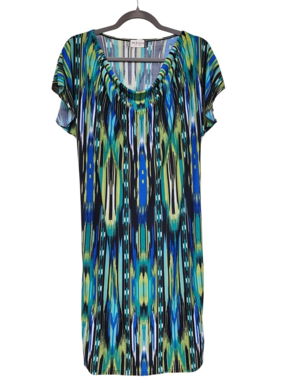 Jon & Anna New York Women's Blue Green Abstract Print Drape Neck Dress Size S